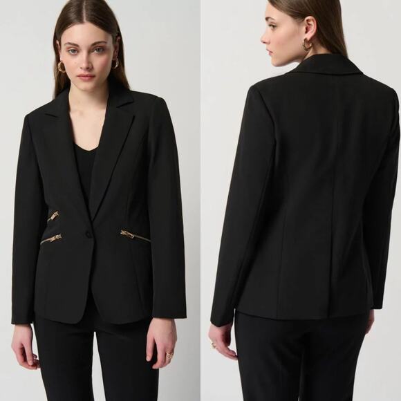 Joseph Ribkoff Classic Black Woven Blazer Gold Zippers Size 10 NWT - Picture 1 of 12